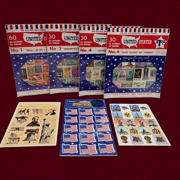 Vintage US Stamp Starter Collection Hirschhorn Bundle with Patriotic Stickers - Picture 2 of 12